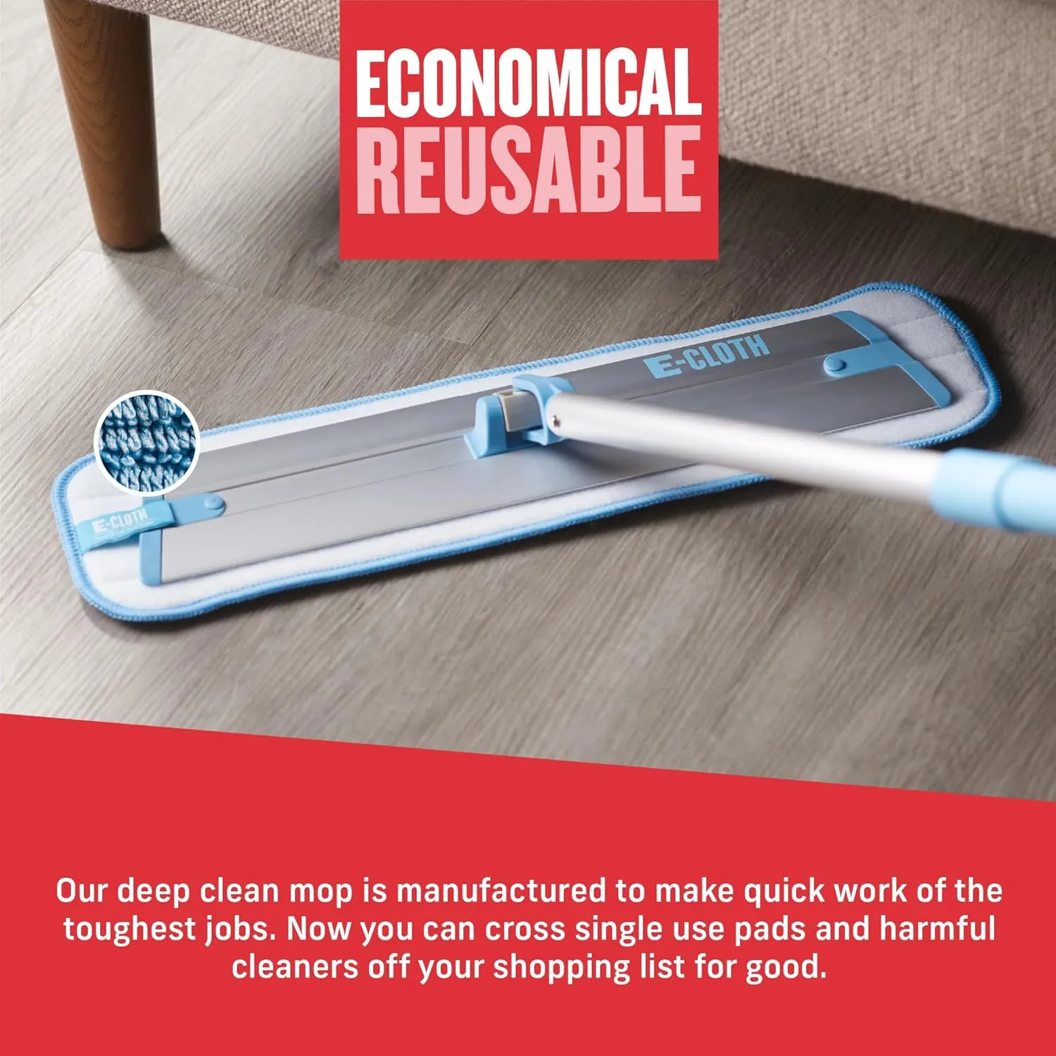 E-Cloth Deep Clean Microfiber Mop - Multi-Surface Cleaning & Dust Mop for Hardwood Floors, Stone, Laminate, or Tile Scrubbing - Floor Mops for Cleaning - 1 Reusable Mop Pad