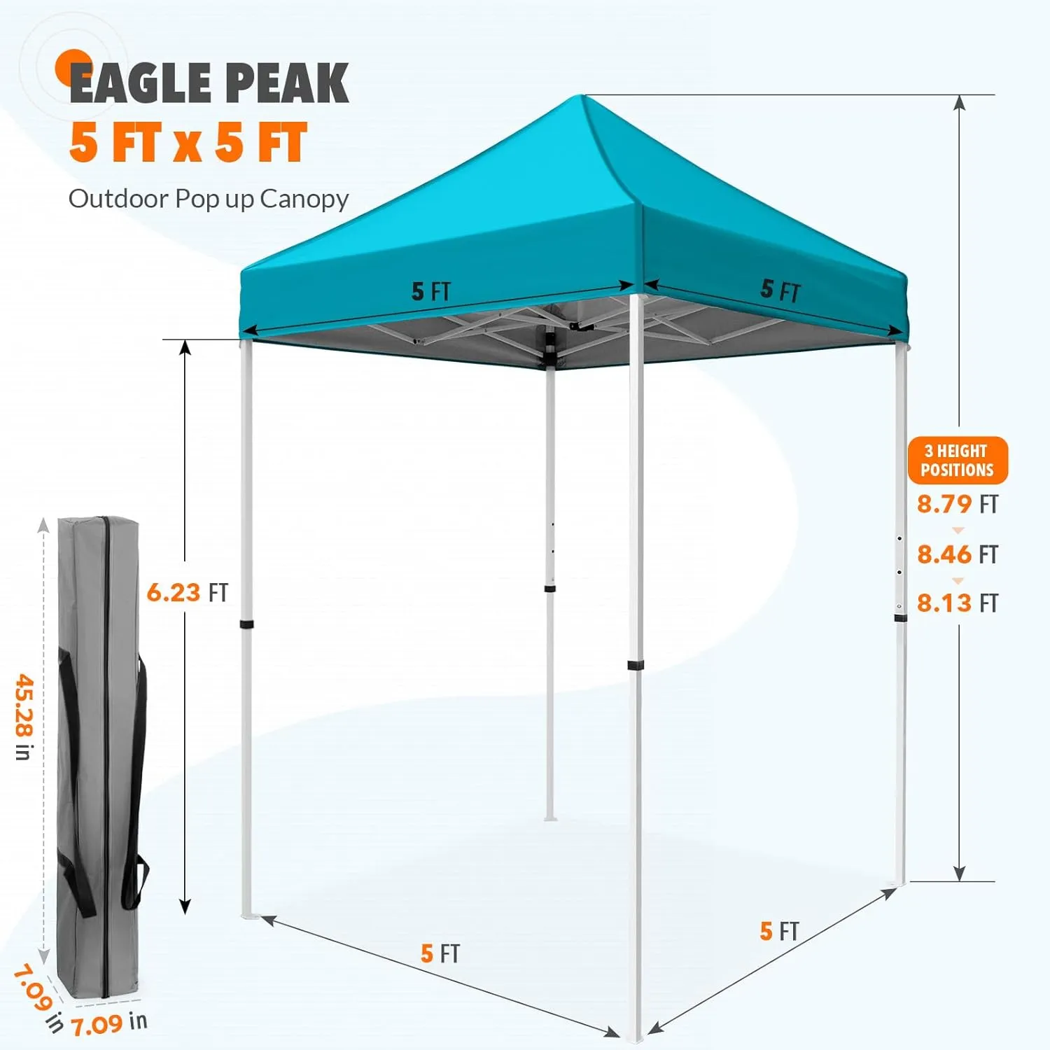 EAGLE PEAK 5x5 Pop Up Canopy Tent Instant Outdoor Canopy Easy Set-up Straight Leg Folding Shelter, Turquoise