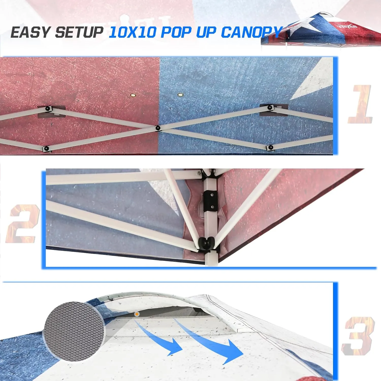 EAGLE PEAK Pop Up Canopy Tent with Wheeled Carry Bag, 8 Stakes, 4 Ropes, 4 Weight Bags, Easy Set Up Tent Canopy, 10x10 ft, 100sqft of Shade, Texas Pride