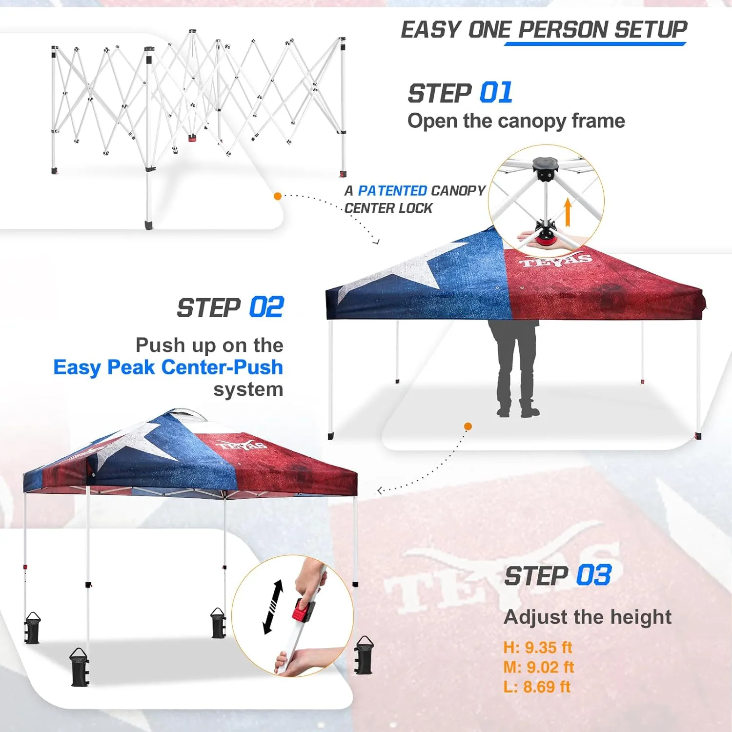 EAGLE PEAK Pop Up Canopy Tent with Wheeled Carry Bag, 8 Stakes, 4 Ropes, 4 Weight Bags, Easy Set Up Tent Canopy, 10x10 ft, 100sqft of Shade, Texas Pride