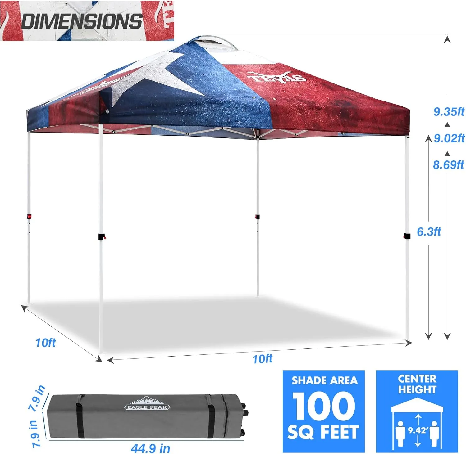EAGLE PEAK Pop Up Canopy Tent with Wheeled Carry Bag, 8 Stakes, 4 Ropes, 4 Weight Bags, Easy Set Up Tent Canopy, 10x10 ft, 100sqft of Shade, Texas Pride