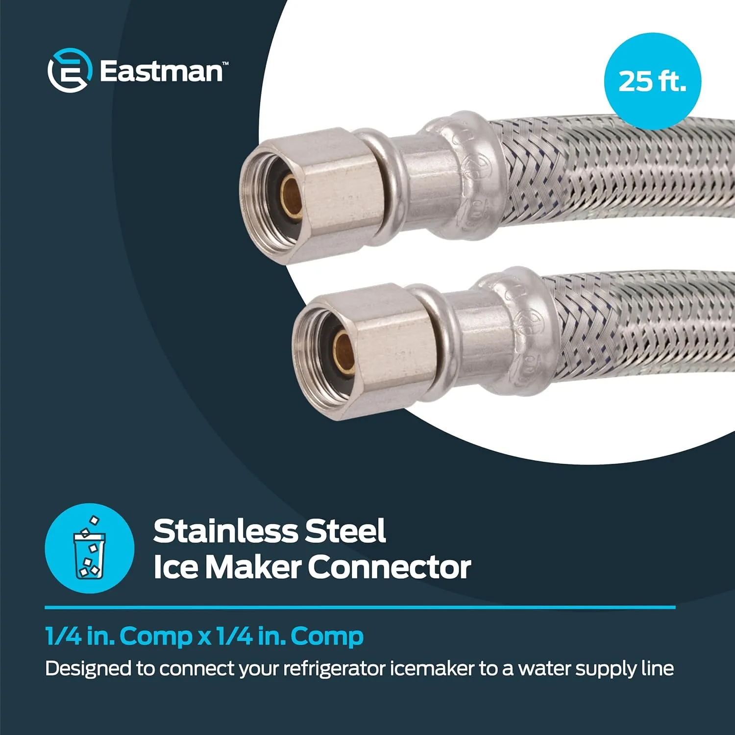 Eastman 25 Feet Flexible Ice Maker Connector, 1/4 Inch x 1/4 Inch Compression Connection, Braided Stainless Steel with Nickel-Plated Brass Nuts, 48392