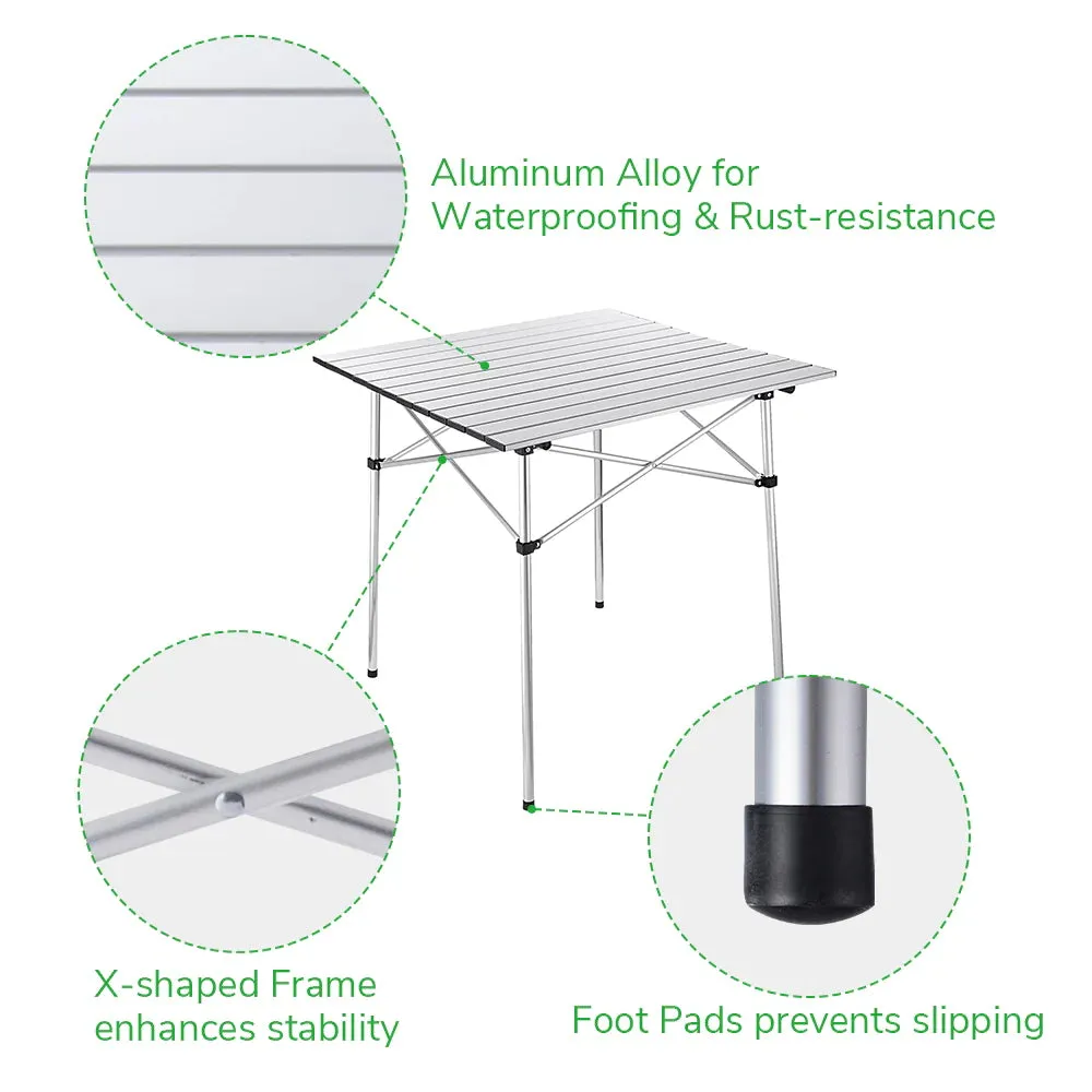Easy Roll Aluminum Camping & Picnic Table (27x27.5in) - Heavy Duty