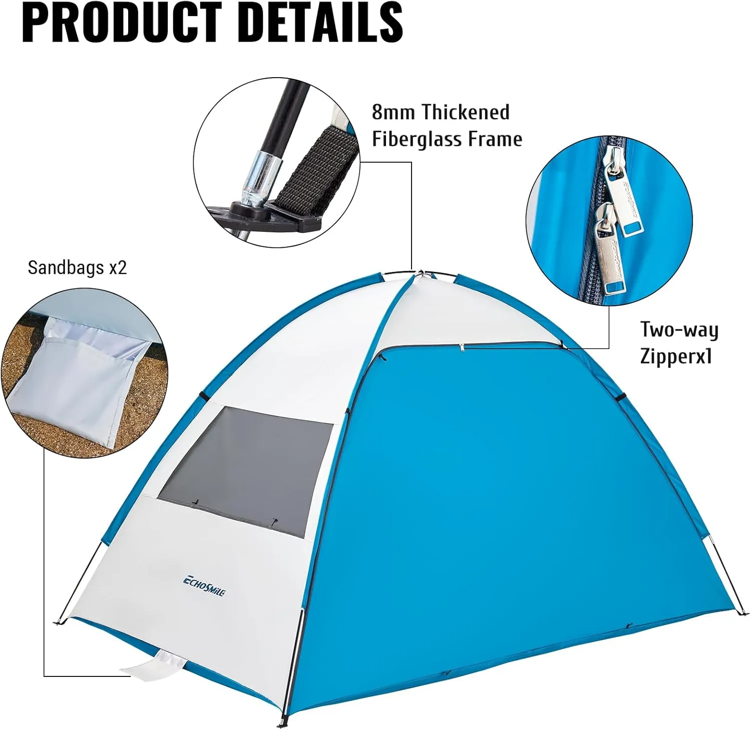 EchoSmile UPF 50  Beach Tent Sun Shelter for 3/4 Person, Portable Beach Cabana Tent