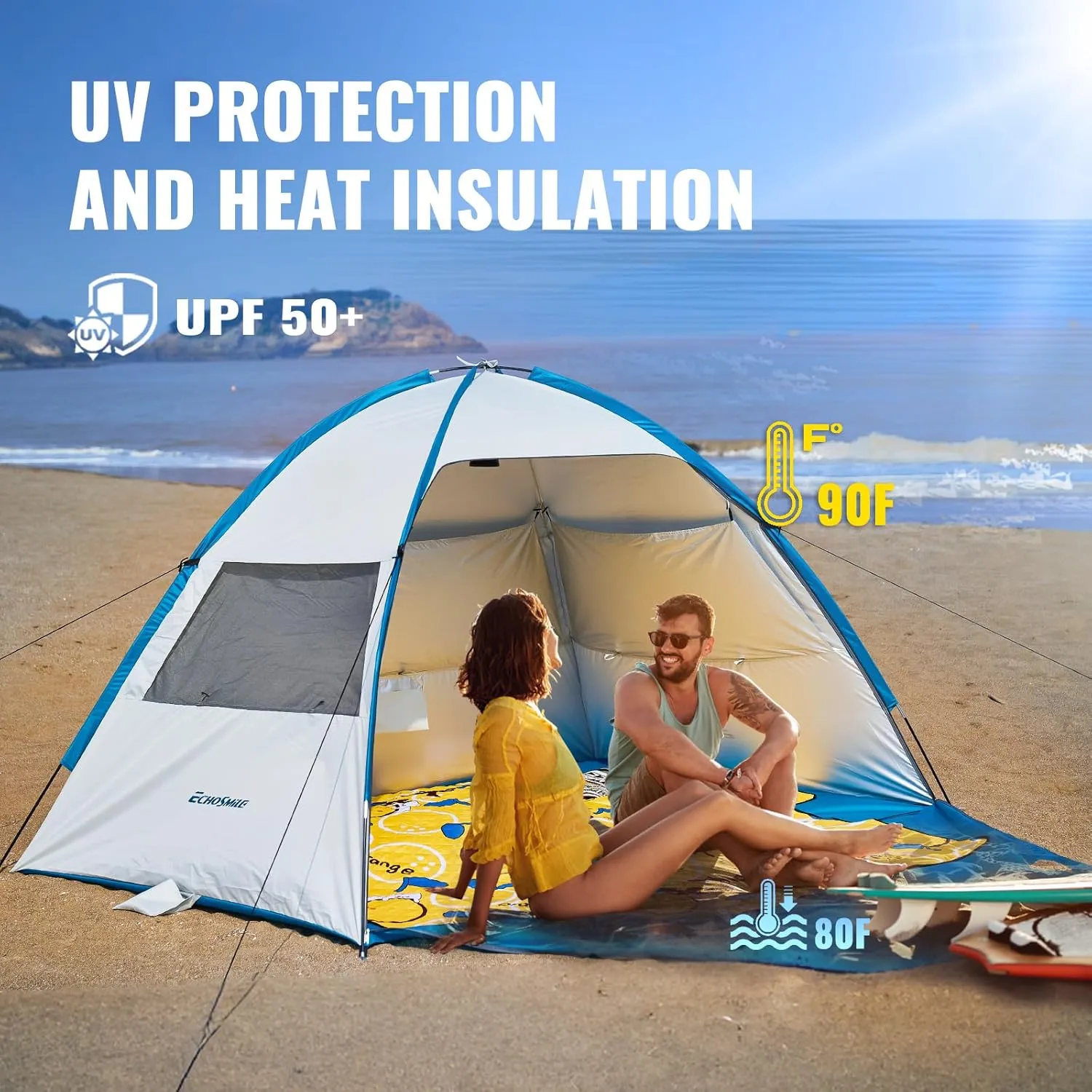EchoSmile UPF 50  Beach Tent Sun Shelter for 3/4 Person, Portable Beach Cabana Tent