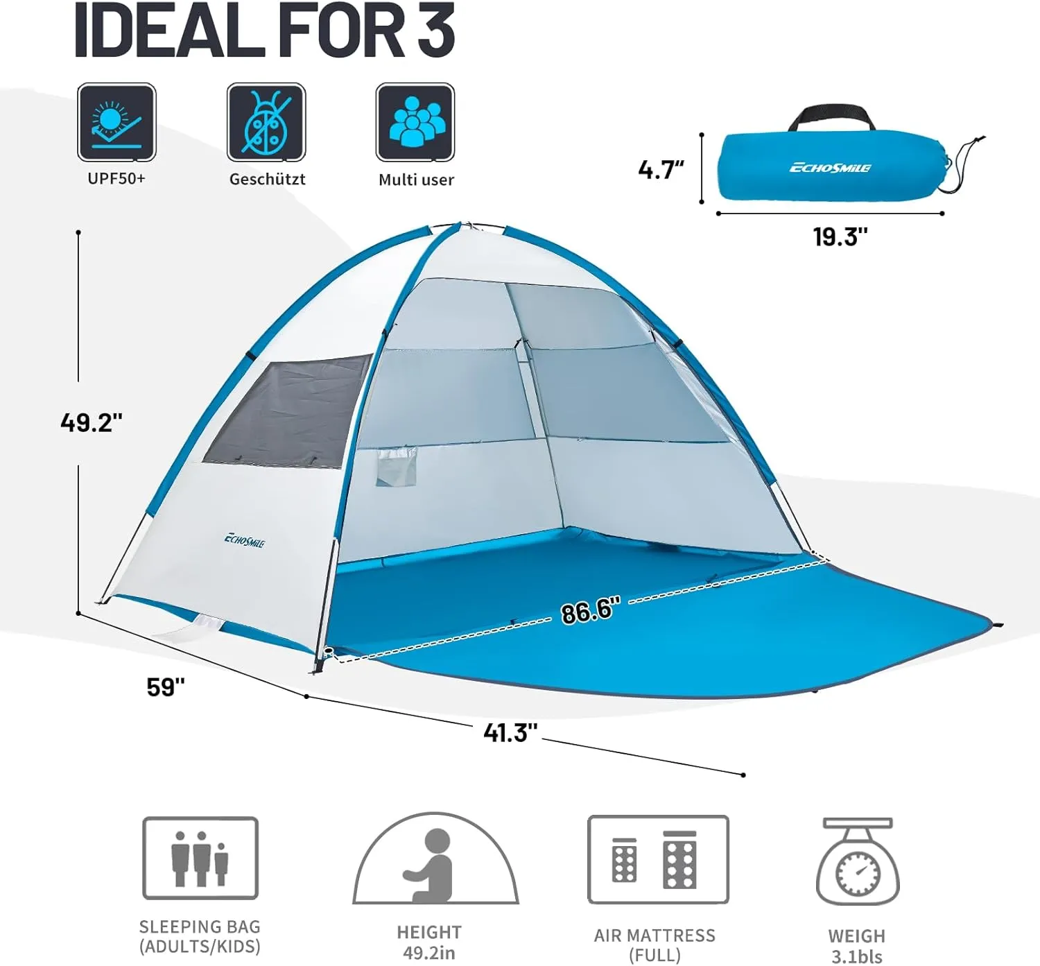 EchoSmile UPF 50  Beach Tent Sun Shelter for 3/4 Person, Portable Beach Cabana Tent