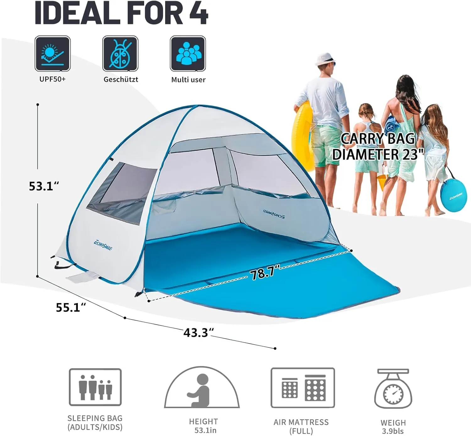 EchoSmile UPF 50  Pop Up Beach Tent Sun Shelter for 4 Person