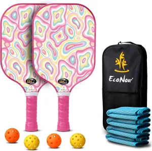EcoNour Pickleball Paddles Set of 2/4 | USAPA Approved Fiberglass Surface Pickleball Set with 4 Pickleballs | 2 Cooling Towels and Pickleball Racket Storage Bag