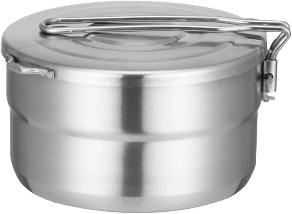 EKDJKK Stainless Steel Camping Cook Pot, 1.5L Camping Cookware with Lid and Folding Handle, Large Capacity Bento Pot for Outdoor Backpacking Camping Hiking Picnic