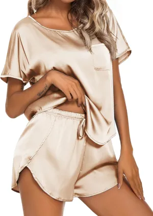 Ekouaer Women Satin Pajama Set Short Sleeve Lightweight Silk Pajama Set 2 Piece Lounge Sets with Shorts
