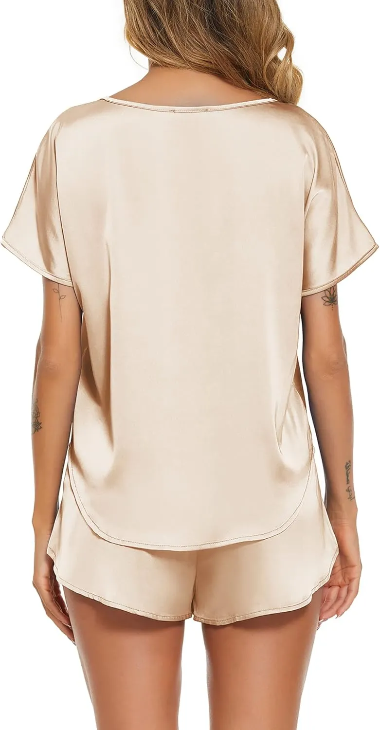 Ekouaer Women Satin Pajama Set Short Sleeve Lightweight Silk Pajama Set 2 Piece Lounge Sets with Shorts
