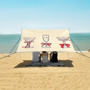 Elegant Cups with Red Bows Beach Canopy Tent Anti-UV & Wind Resistant, Camping Sun Shelter Easy Setup Portable,Outdoor Shade Tents with Sandbags,Sand Shovels,Ground Pegs & Stability Poles