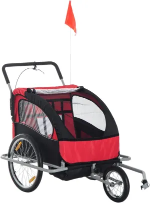 Elite Three-Wheel Bike Trailer for Two Kids, Red Bike Cart with 2 Safety Harnesses & Storage