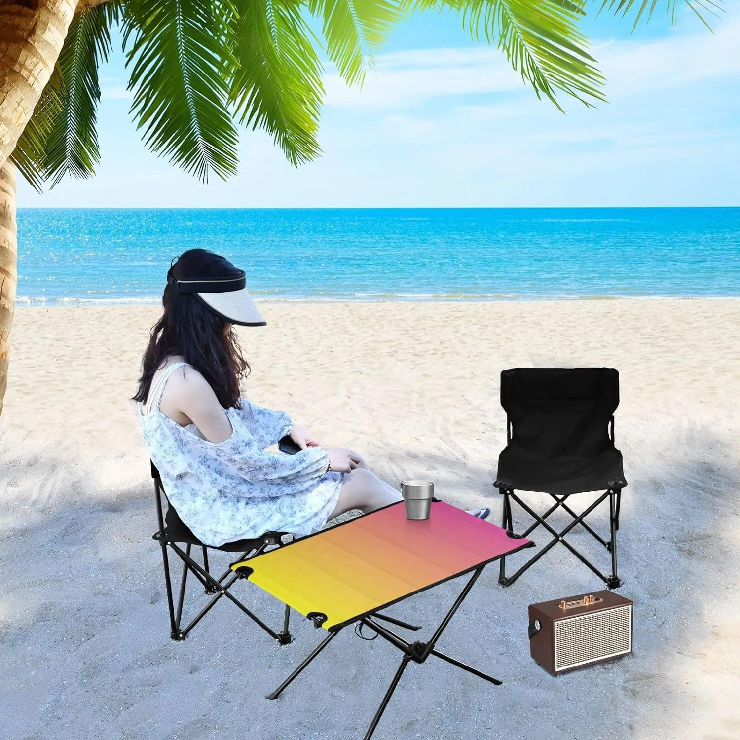 Emelivor Yelllow Pink Gradient Folding Camping Table Portable Beach Table with Carry Bag Small Foldable Table for Camping Outdoor Picnic Travel Cooking