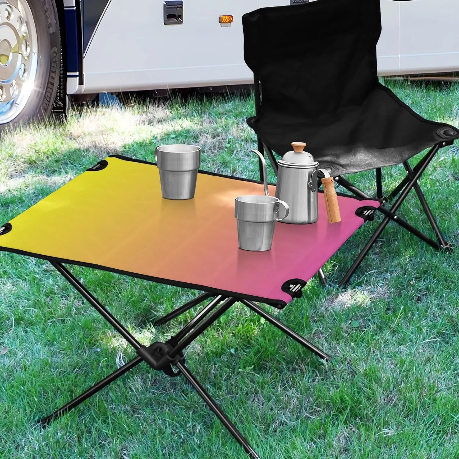 Emelivor Yelllow Pink Gradient Folding Camping Table Portable Beach Table with Carry Bag Small Foldable Table for Camping Outdoor Picnic Travel Cooking