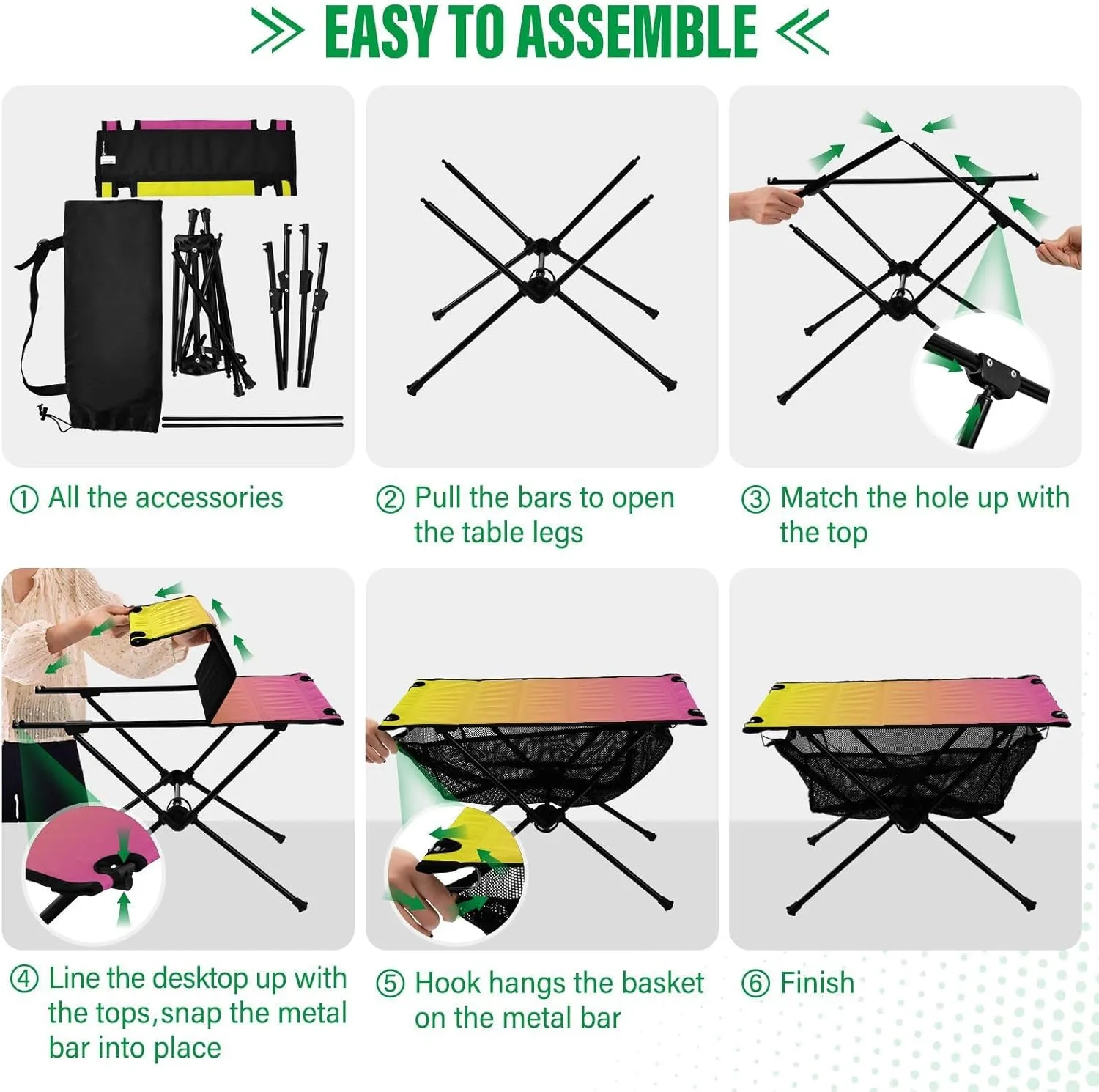 Emelivor Yelllow Pink Gradient Folding Camping Table Portable Beach Table with Carry Bag Small Foldable Table for Camping Outdoor Picnic Travel Cooking