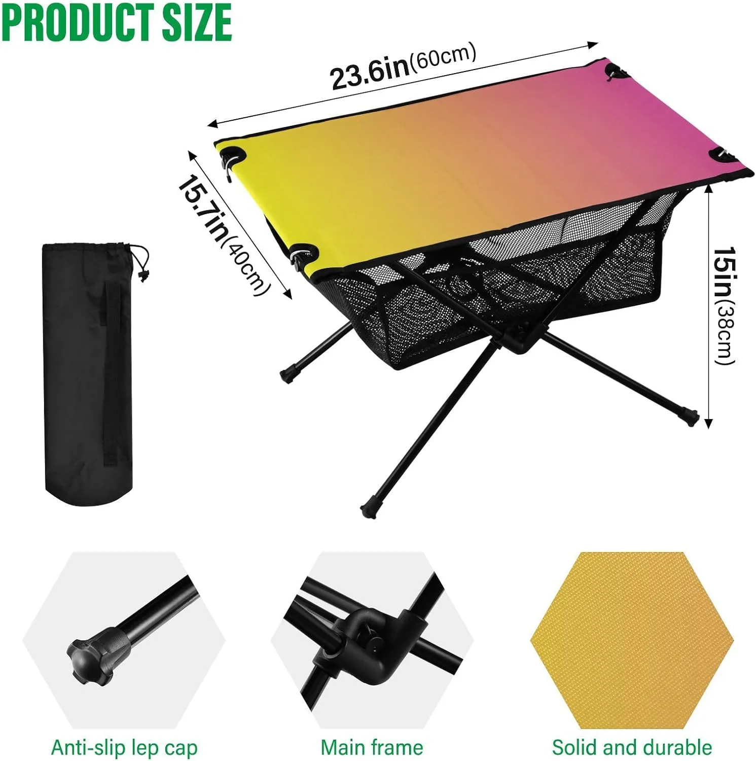 Emelivor Yelllow Pink Gradient Folding Camping Table Portable Beach Table with Carry Bag Small Foldable Table for Camping Outdoor Picnic Travel Cooking