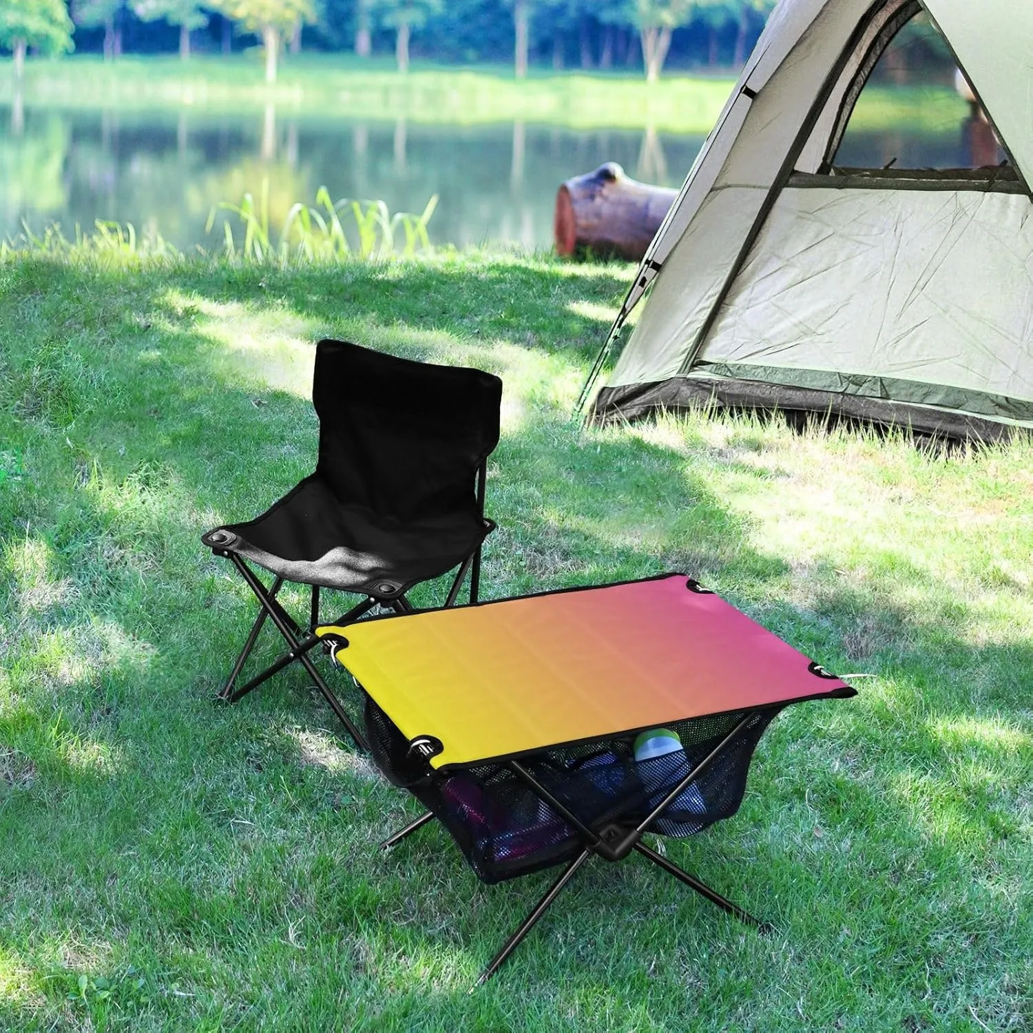 Emelivor Yelllow Pink Gradient Folding Camping Table Portable Beach Table with Carry Bag Small Foldable Table for Camping Outdoor Picnic Travel Cooking