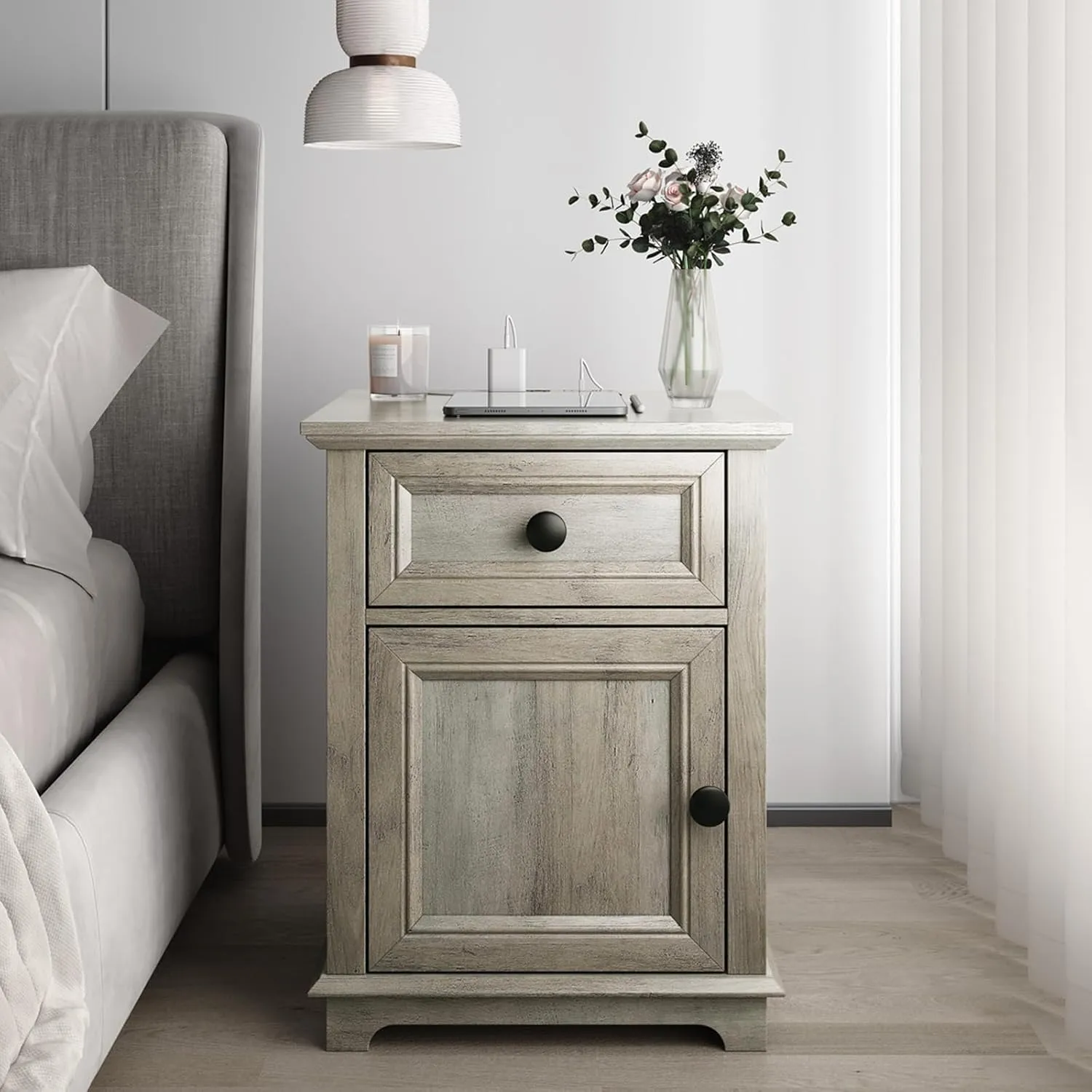 End Table with Fast Charging Station, Side Table with Drawer, Large Storage with Adjustable Shelf, End Tables Living Room/Bedroom, Split Oak