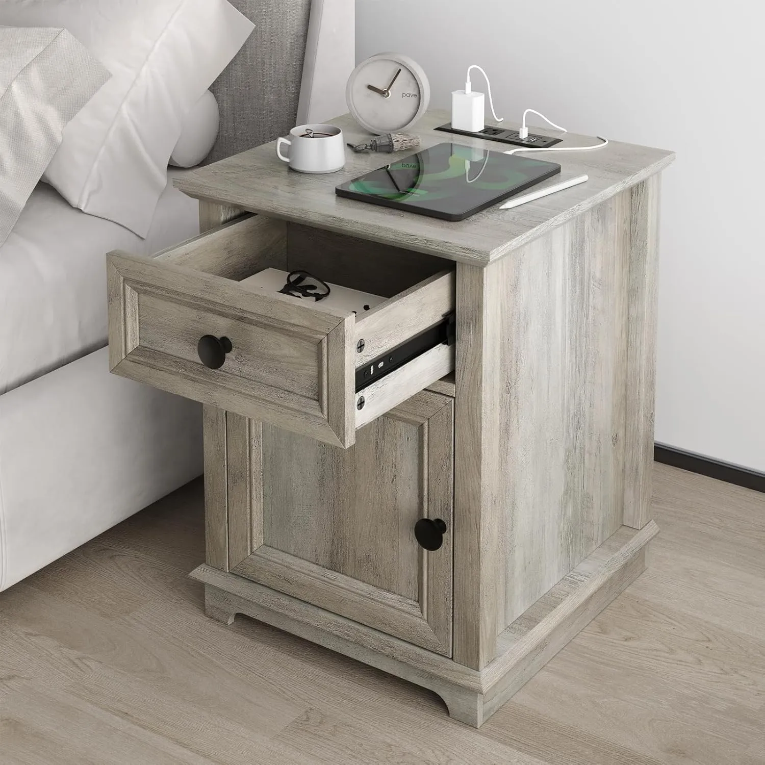 End Table with Fast Charging Station, Side Table with Drawer, Large Storage with Adjustable Shelf, End Tables Living Room/Bedroom, Split Oak