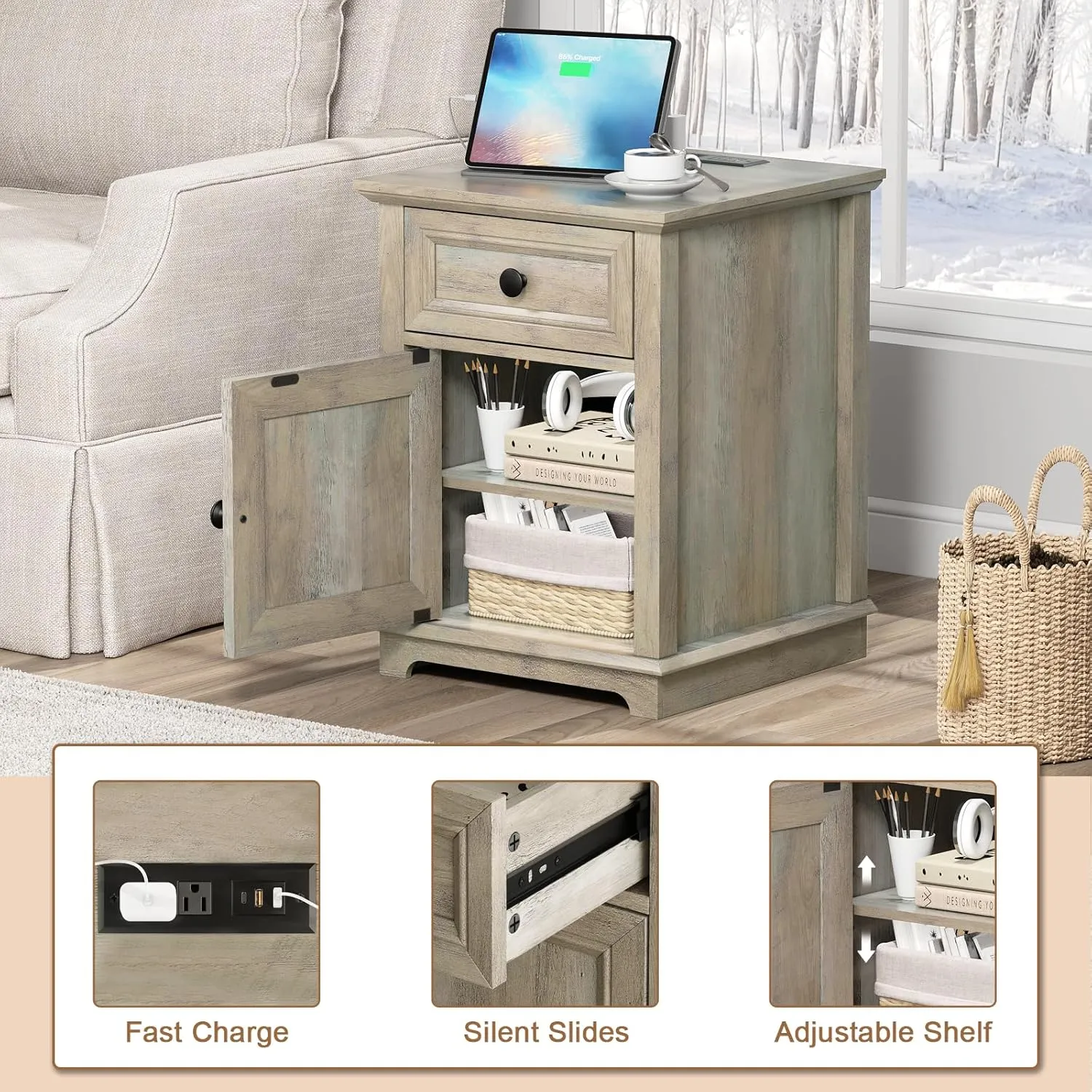 End Table with Fast Charging Station, Side Table with Drawer, Large Storage with Adjustable Shelf, End Tables Living Room/Bedroom, Split Oak