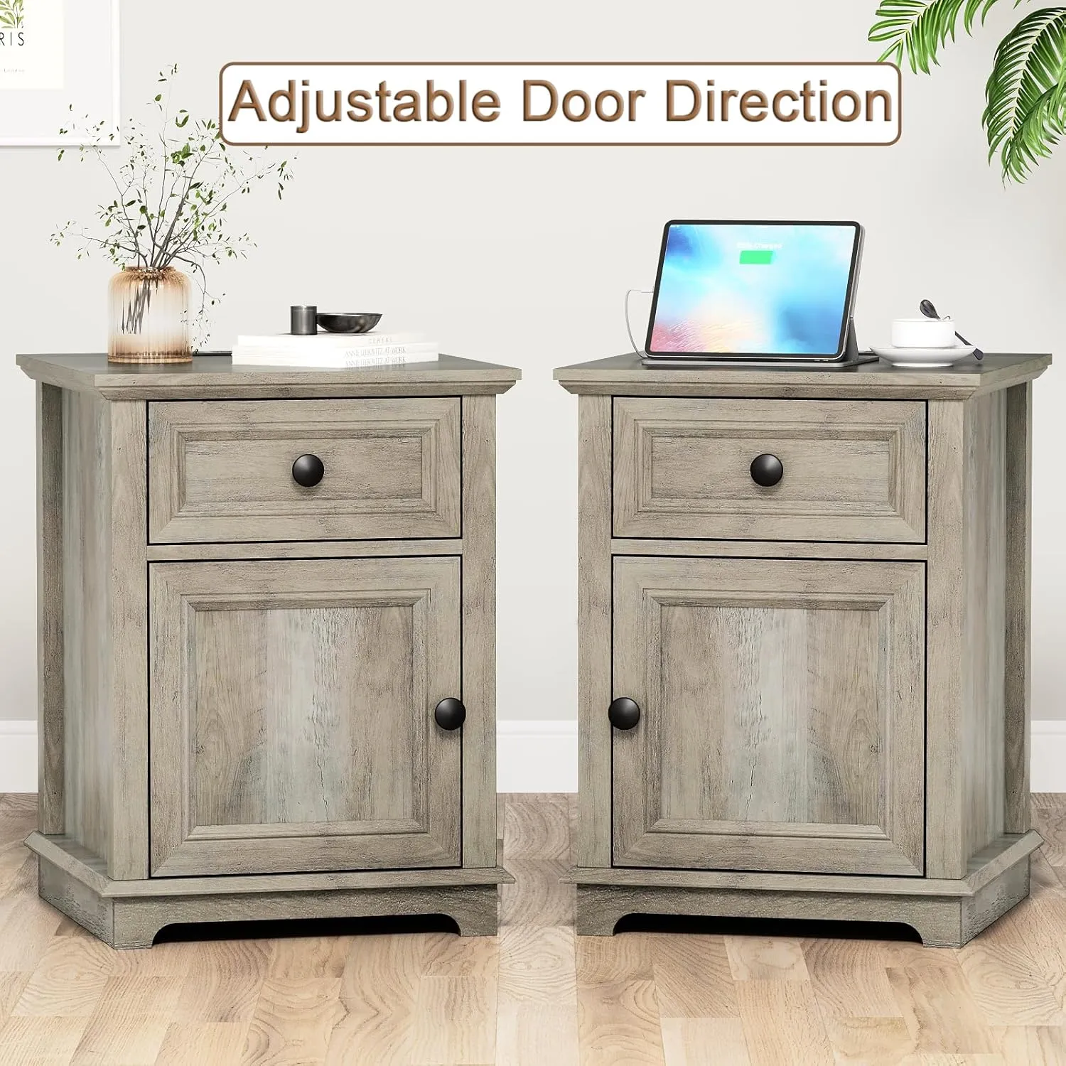 End Table with Fast Charging Station, Side Table with Drawer, Large Storage with Adjustable Shelf, End Tables Living Room/Bedroom, Split Oak
