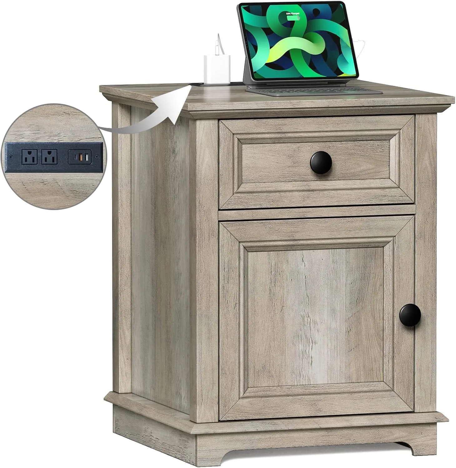 End Table with Fast Charging Station, Side Table with Drawer, Large Storage with Adjustable Shelf, End Tables Living Room/Bedroom, Split Oak