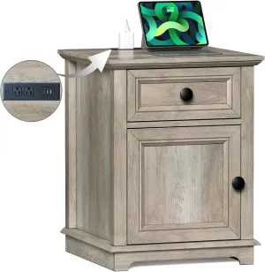 End Table with Fast Charging Station, Side Table with Drawer, Large Storage with Adjustable Shelf, End Tables Living Room/Bedroom, Split Oak