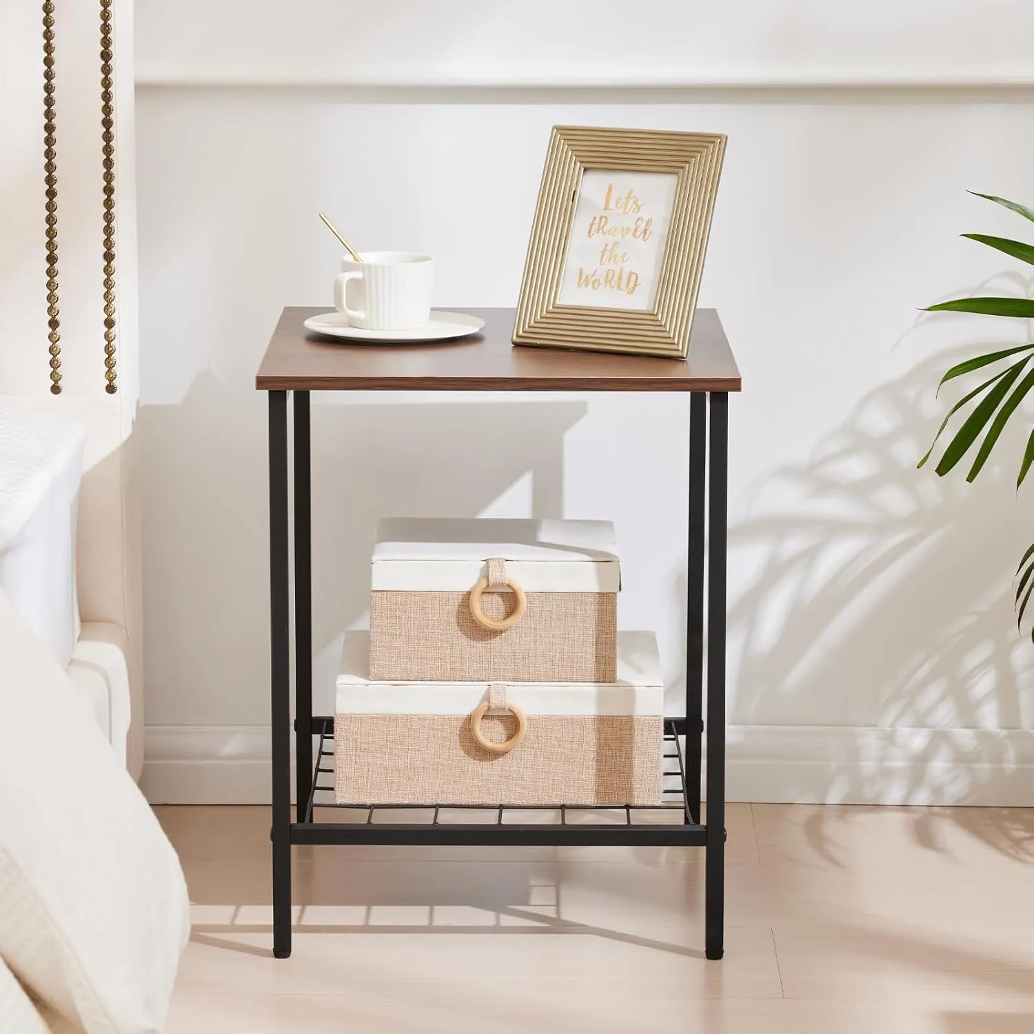 End Table with Shelves 16 Inch Square 2-Tier Coffee Tea Wooden End Table Nightstand for Sofa Couch Bed Industrial Style Beside Table for Living Room Bedroom Brown 1PCS