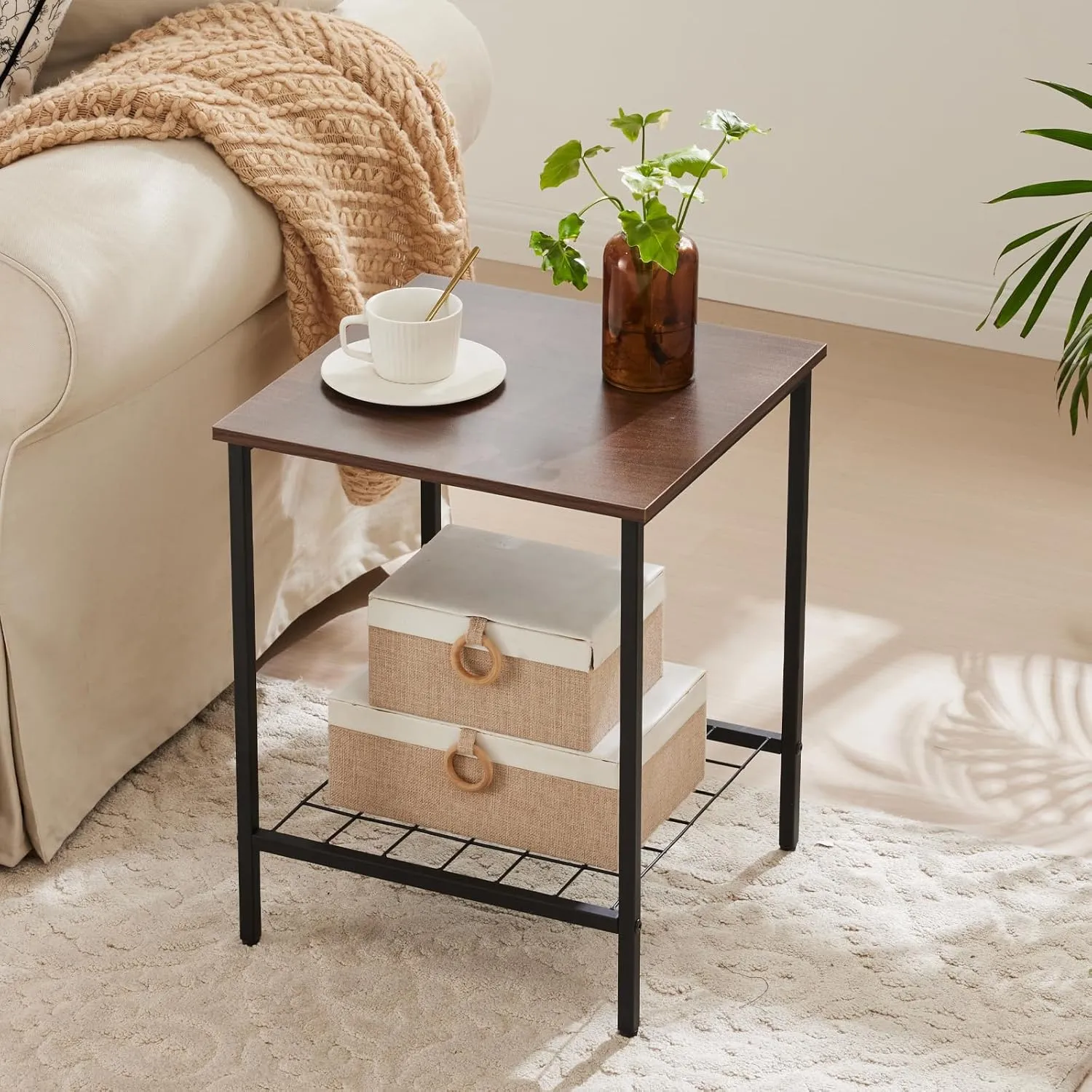 End Table with Shelves 16 Inch Square 2-Tier Coffee Tea Wooden End Table Nightstand for Sofa Couch Bed Industrial Style Beside Table for Living Room Bedroom Brown 1PCS