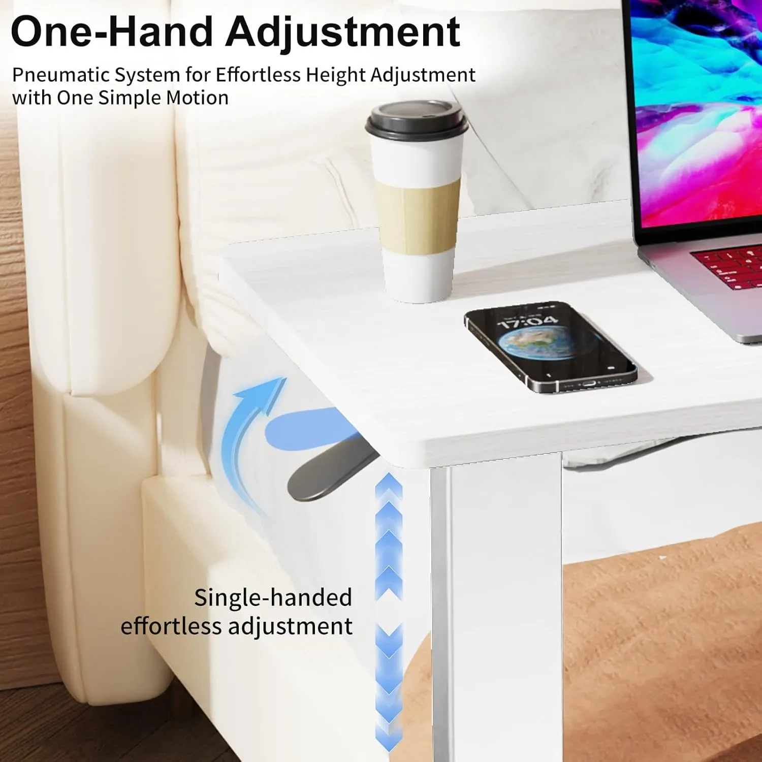 Erinaik Overbed Table with Swivel Hidden Wheels Adjustable Height, Pneumatic Mobile Laptop Bedside Table, Over The Bed Table for Hospital, Office, Home, Study Use