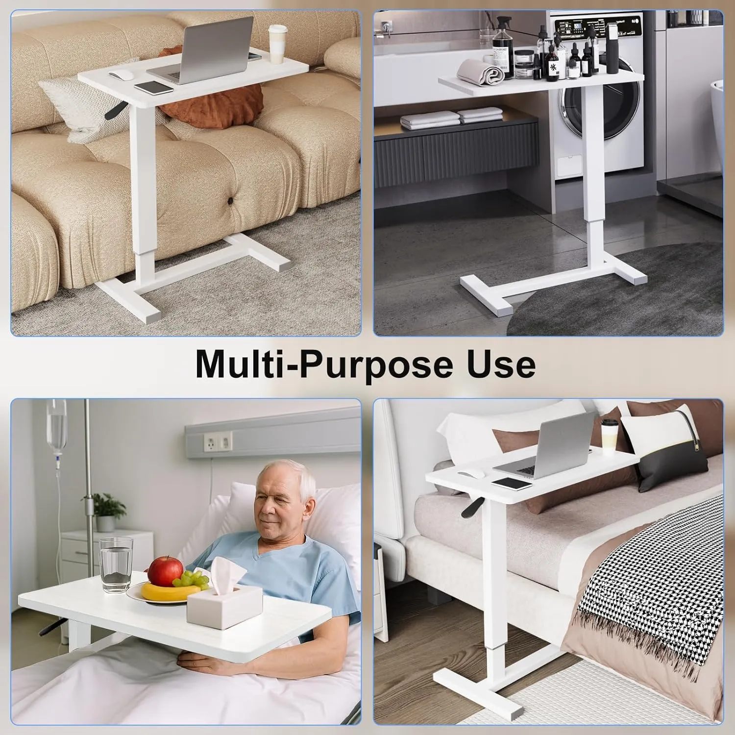 Erinaik Overbed Table with Swivel Hidden Wheels Adjustable Height, Pneumatic Mobile Laptop Bedside Table, Over The Bed Table for Hospital, Office, Home, Study Use