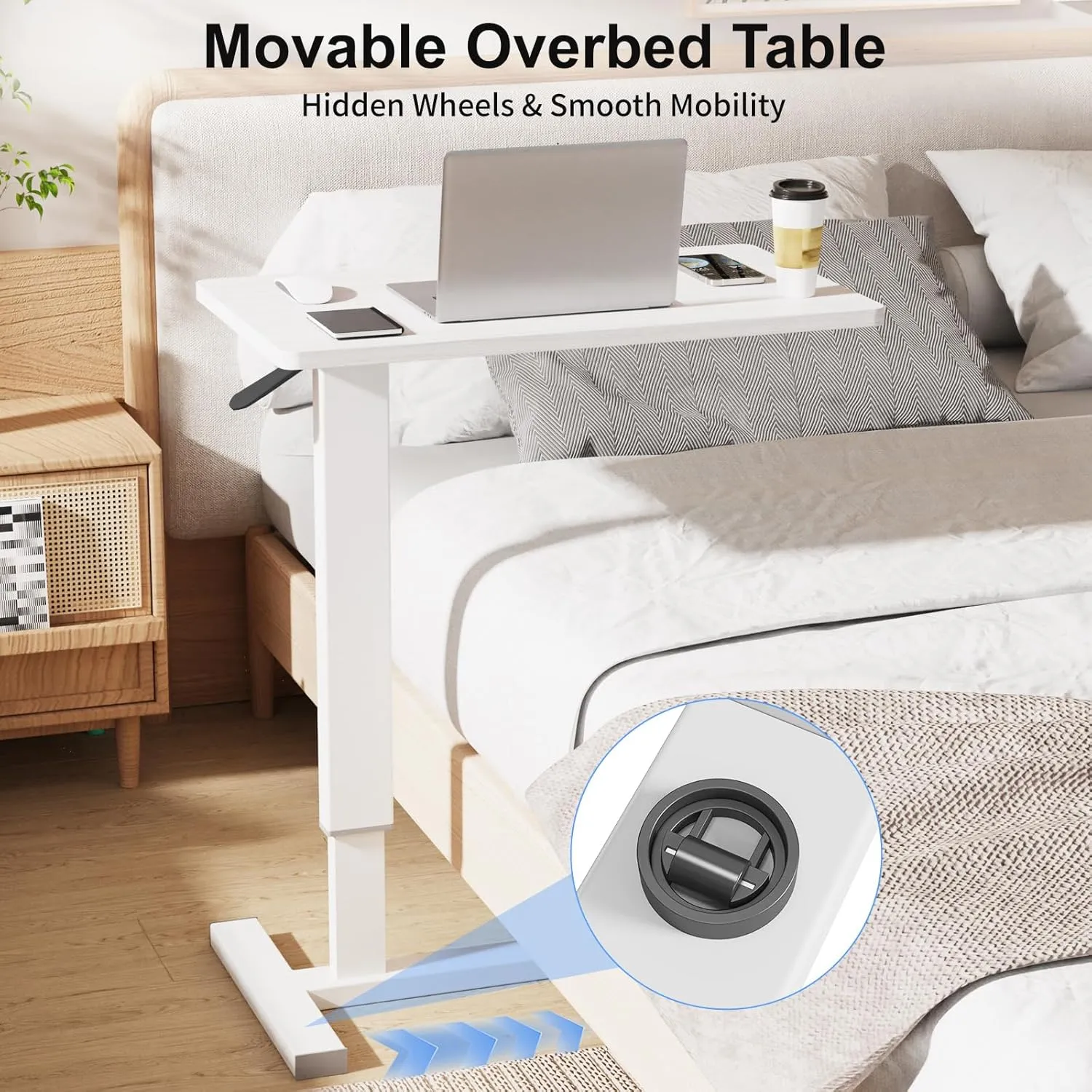 Erinaik Overbed Table with Swivel Hidden Wheels Adjustable Height, Pneumatic Mobile Laptop Bedside Table, Over The Bed Table for Hospital, Office, Home, Study Use