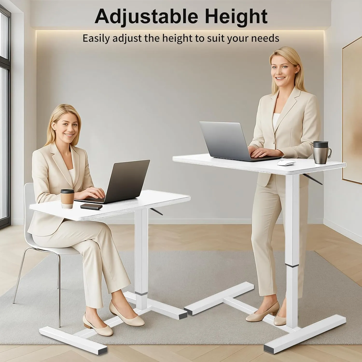 Erinaik Overbed Table with Swivel Hidden Wheels Adjustable Height, Pneumatic Mobile Laptop Bedside Table, Over The Bed Table for Hospital, Office, Home, Study Use