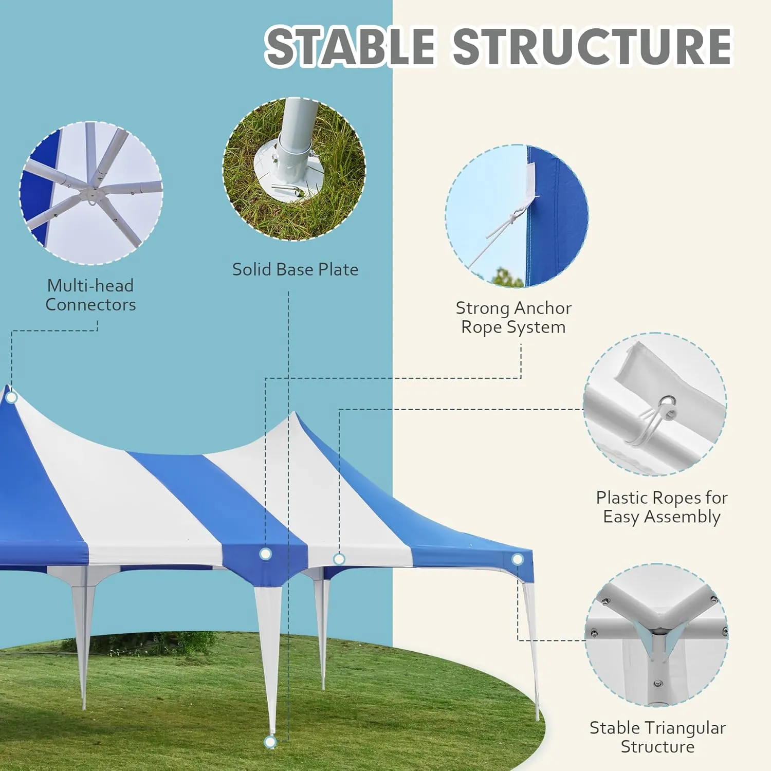 EROMMY 13x26ft Party Tent, White Wedding Tent, Heavy Duty Double Peaked Canopy Tent with Pole-Less Event Space, 60 Person Capacity Outdoor Gazebo Pavilion Shelter Tent for Party, Event, White & Blue