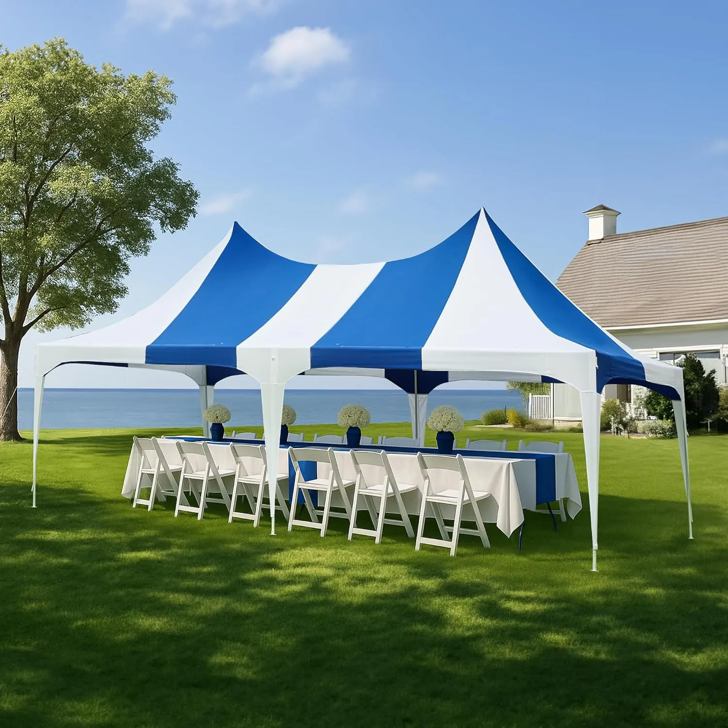 EROMMY 13x26ft Party Tent, White Wedding Tent, Heavy Duty Double Peaked Canopy Tent with Pole-Less Event Space, 60 Person Capacity Outdoor Gazebo Pavilion Shelter Tent for Party, Event, White & Blue