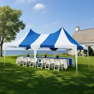 EROMMY 13x26ft Party Tent, White Wedding Tent, Heavy Duty Double Peaked Canopy Tent with Pole-Less Event Space, 60 Person Capacity Outdoor Gazebo Pavilion Shelter Tent for Party, Event, White & Blue