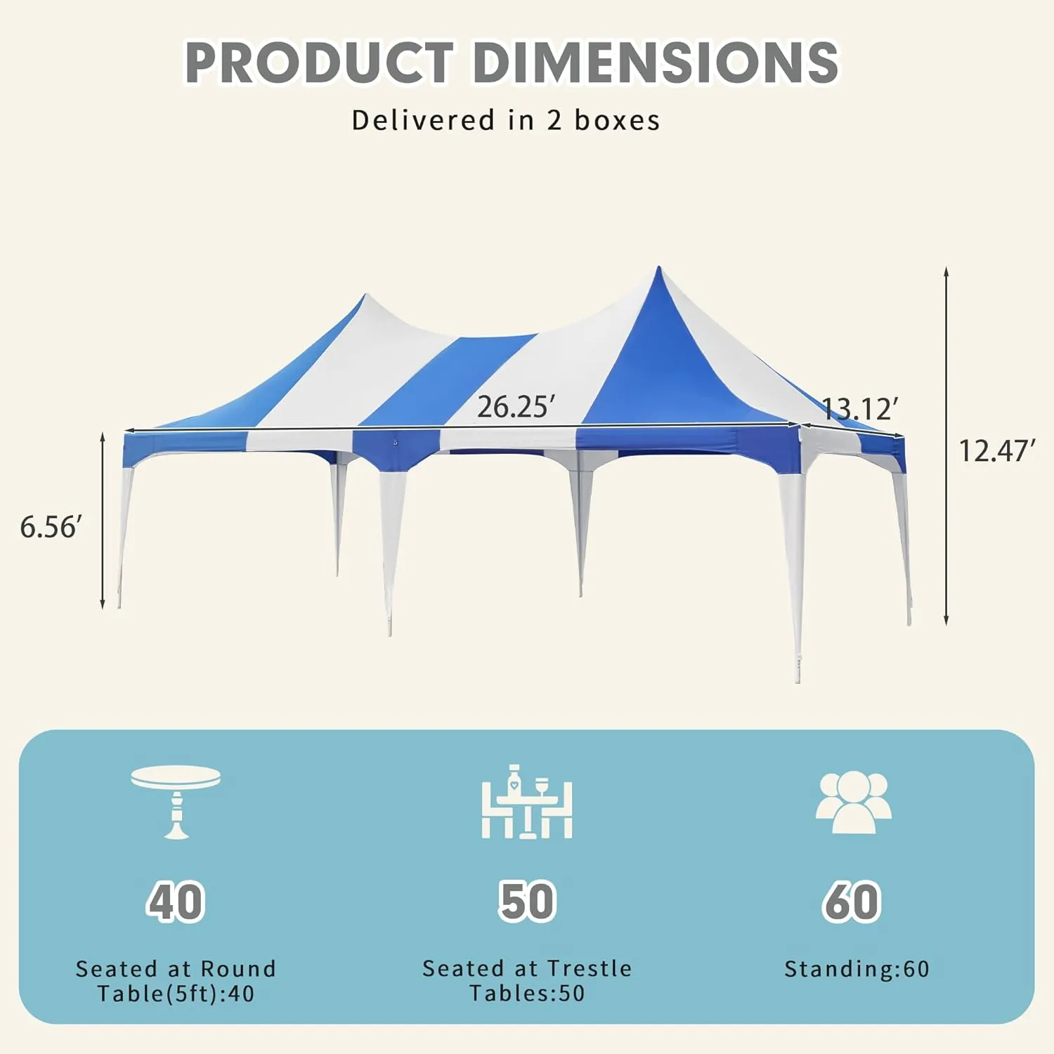 EROMMY 13x26ft Party Tent, White Wedding Tent, Heavy Duty Double Peaked Canopy Tent with Pole-Less Event Space, 60 Person Capacity Outdoor Gazebo Pavilion Shelter Tent for Party, Event, White & Blue