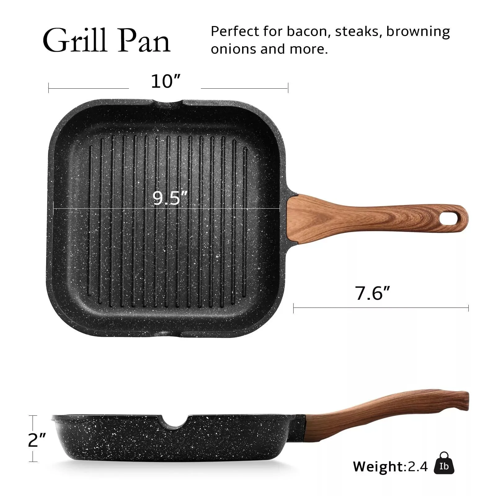 ESLITE LIFE 9.5 Inch Nonstick Grill Pan for Indoor Cooking