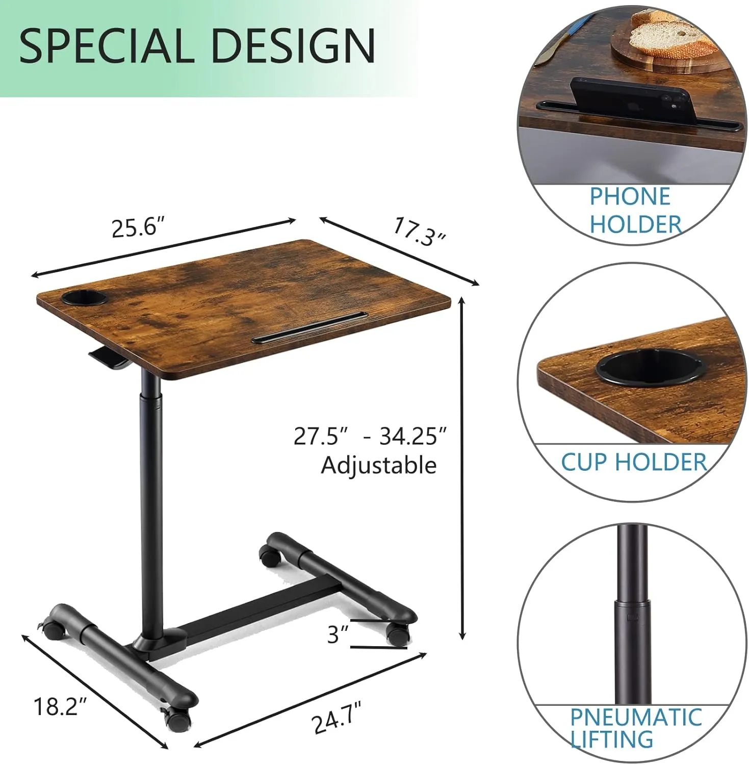 ETHU Overbed Table with Wheels, Upgrade Adjustable Hospital Bed Table, Rolling Tray Table, Overbed Bedside Rolling Laptop Table for Home & Medical