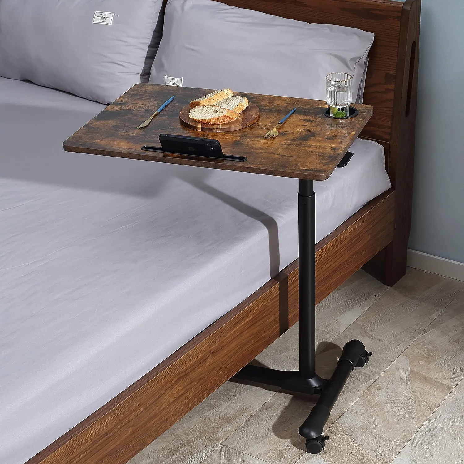 ETHU Overbed Table with Wheels, Upgrade Adjustable Hospital Bed Table, Rolling Tray Table, Overbed Bedside Rolling Laptop Table for Home & Medical