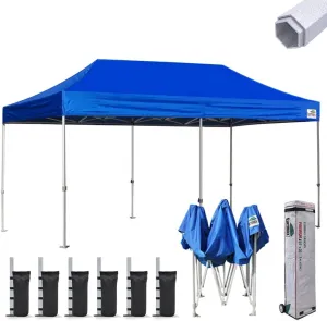 Eurmax USA Premium 10'x20' Pop-up Canopy Tent Commercial Instant Canopies Shelter with Heavy Duty Wheeled Carry Bag Bonus 4 Sand Bags(Blue)