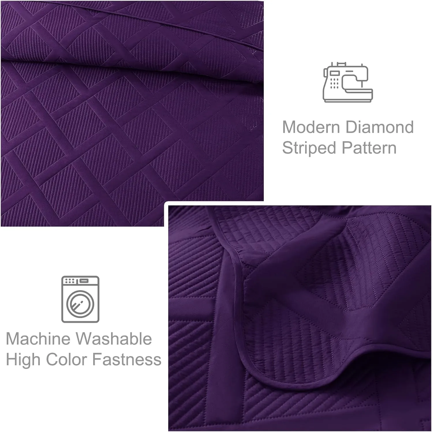 Exclusivo Mezcla Cal King Size Quilt Set with Modern Striped Pattern, 3 Pieces Summer Oversized Lightweight Deep Purple Quilts Bedding Set, Soft Bedspreads Coverlets for All Seasons