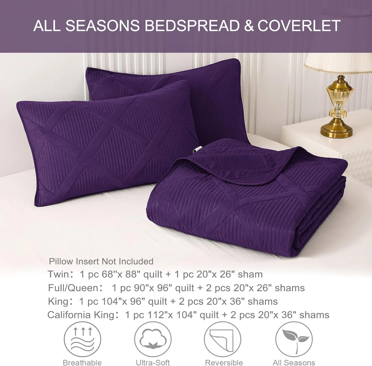 Exclusivo Mezcla Cal King Size Quilt Set with Modern Striped Pattern, 3 Pieces Summer Oversized Lightweight Deep Purple Quilts Bedding Set, Soft Bedspreads Coverlets for All Seasons