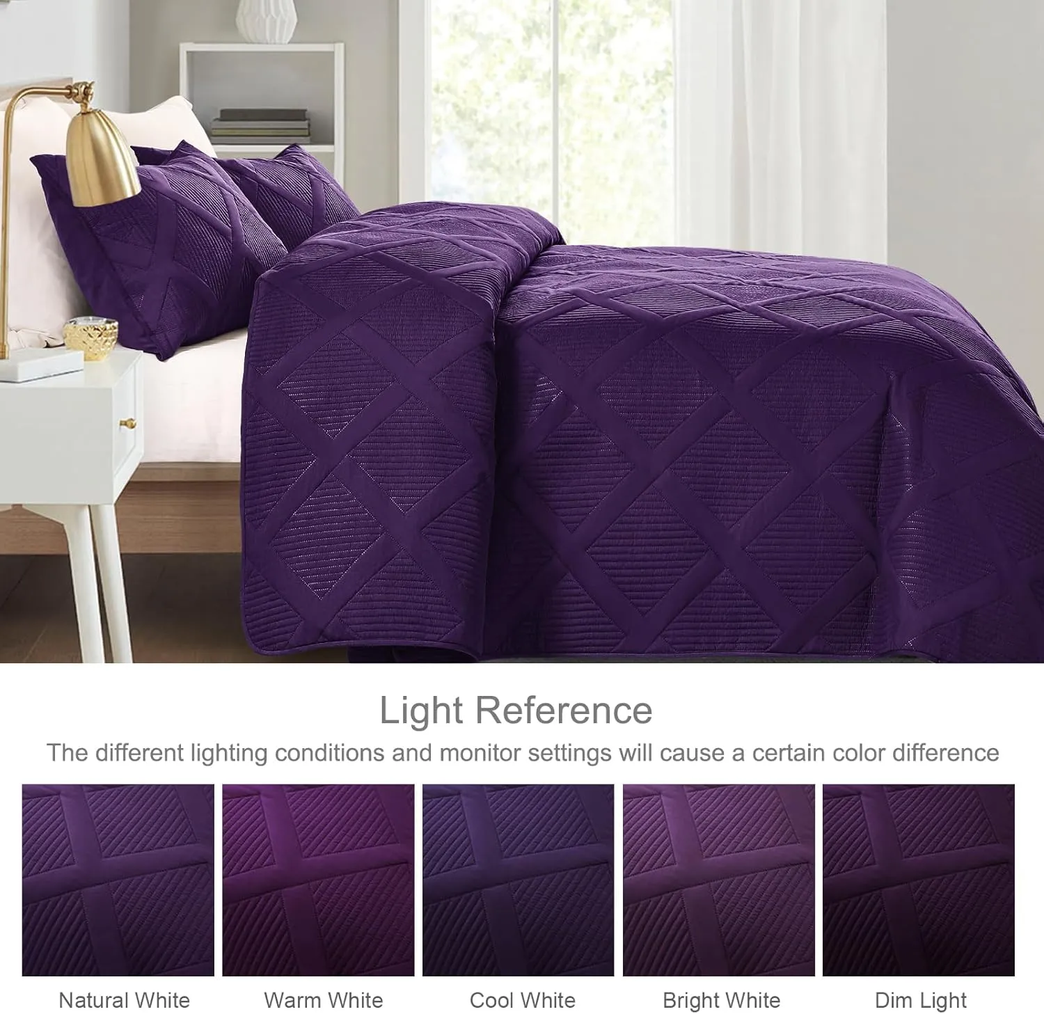 Exclusivo Mezcla Cal King Size Quilt Set with Modern Striped Pattern, 3 Pieces Summer Oversized Lightweight Deep Purple Quilts Bedding Set, Soft Bedspreads Coverlets for All Seasons