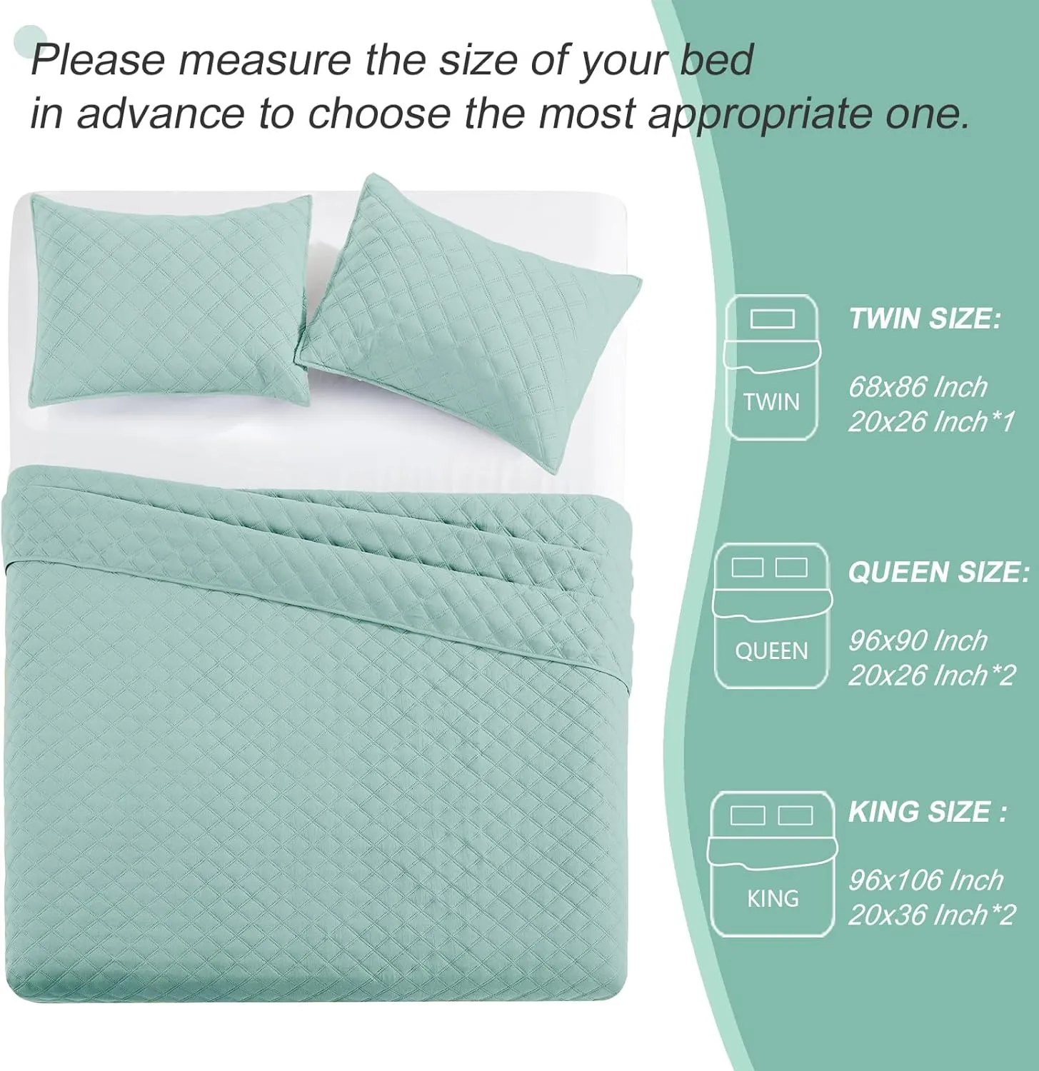 Exclusivo Mezcla Soft Quilt Set Queen Full Size, 3 Pieces Lightweight Quilts Aqua Bedspreads Coverlets Bedding Set for All Seasons, Grid Pattern