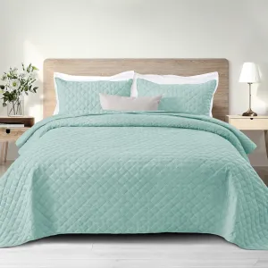 Exclusivo Mezcla Soft Quilt Set Queen Full Size, 3 Pieces Lightweight Quilts Aqua Bedspreads Coverlets Bedding Set for All Seasons, Grid Pattern