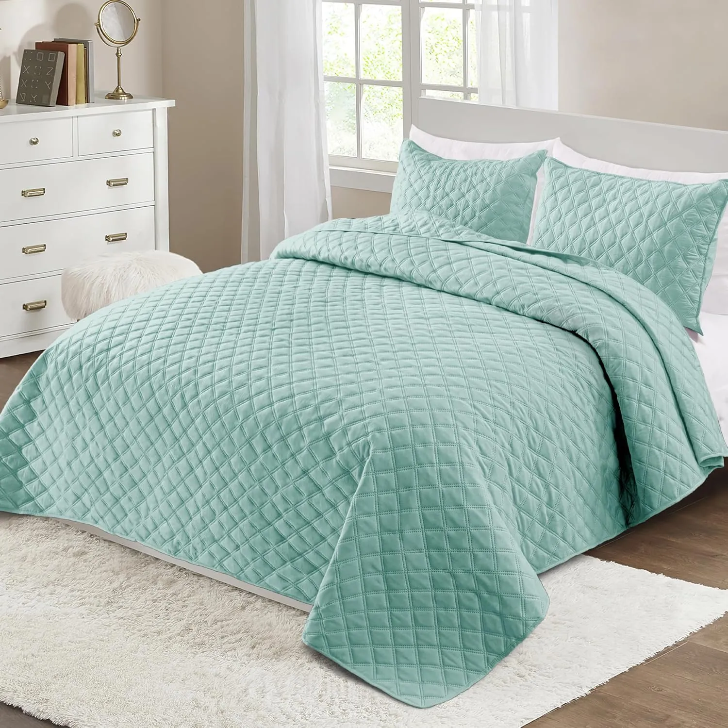 Exclusivo Mezcla Soft Quilt Set Queen Full Size, 3 Pieces Lightweight Quilts Aqua Bedspreads Coverlets Bedding Set for All Seasons, Grid Pattern