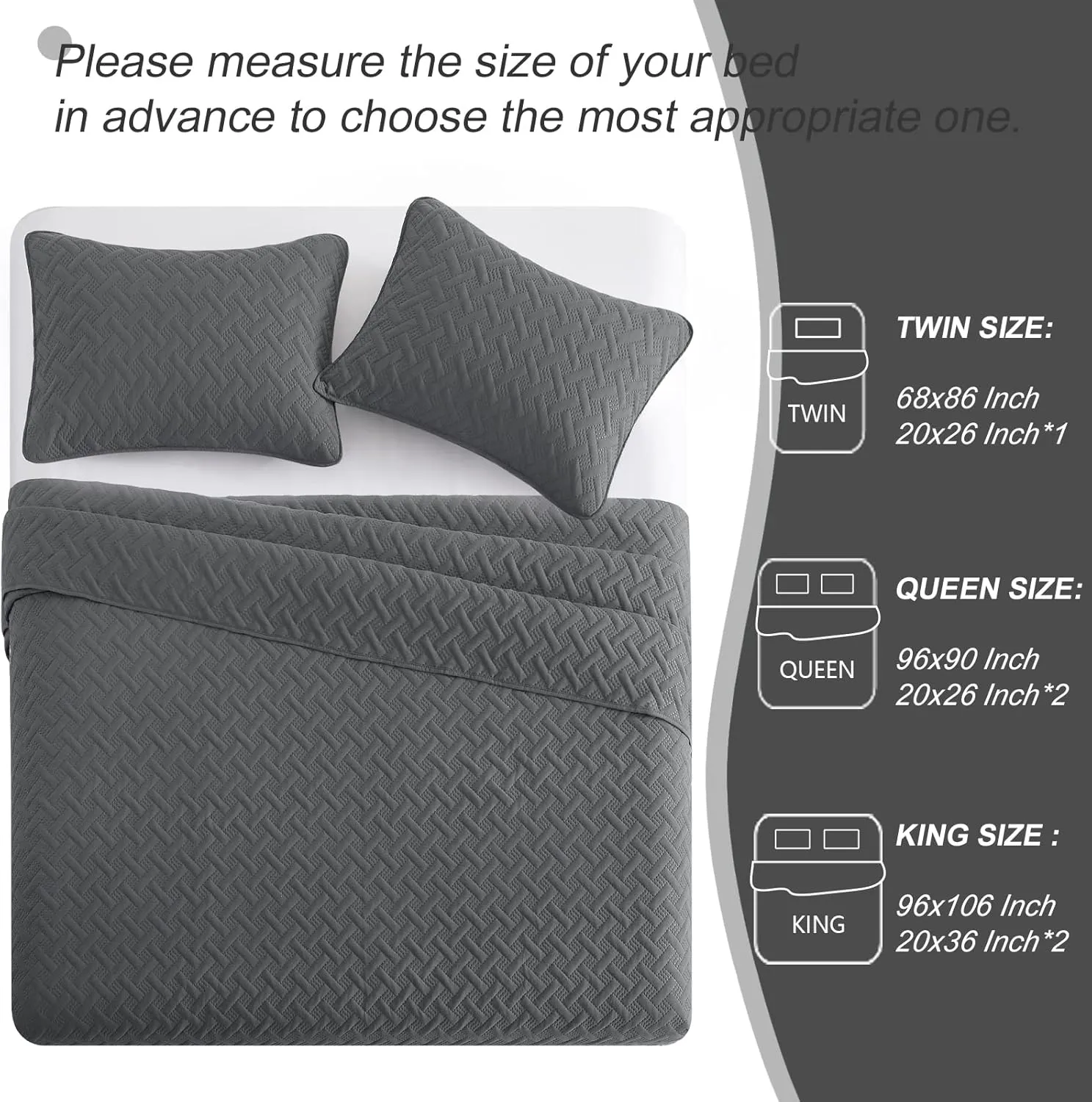 Exclusivo Mezcla Soft Quilt Set Queen Full Size, 3 Pieces Lightweight Quilts Grey Bedspreads Coverlets Bedding Set for All Seasons, Weave Pattern