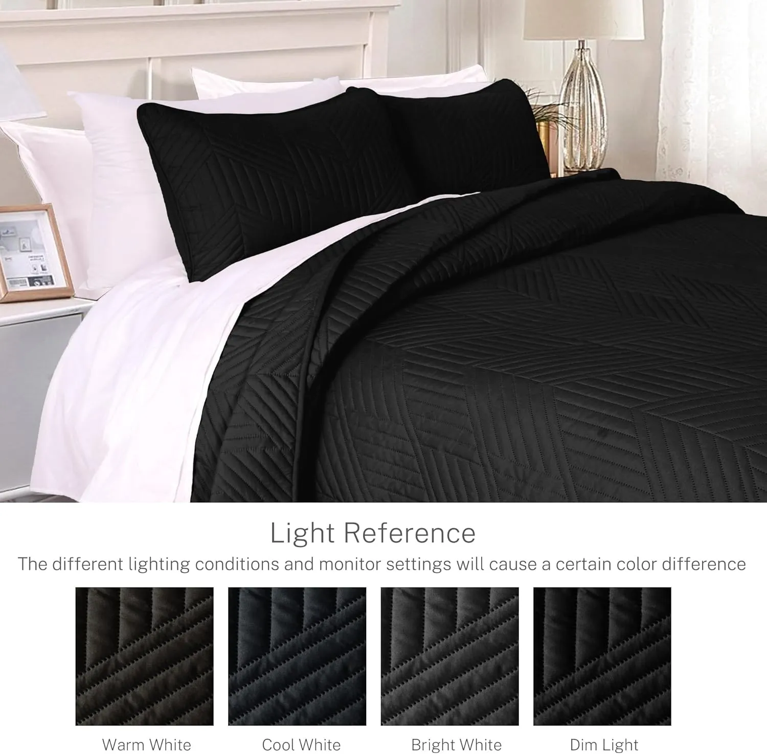 Exclusivo Mezcla Ultrasonic Full Queen Quilt Bedding Set, Lightweight Black Bedspreads Soft Modern Geometric Coverlet Set for All Seasons (1 Quilt and 2 Pillow Shams)